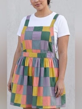 Colorblock Patchwork Pinafore Dress in Yellow, Purple, Pink, Green